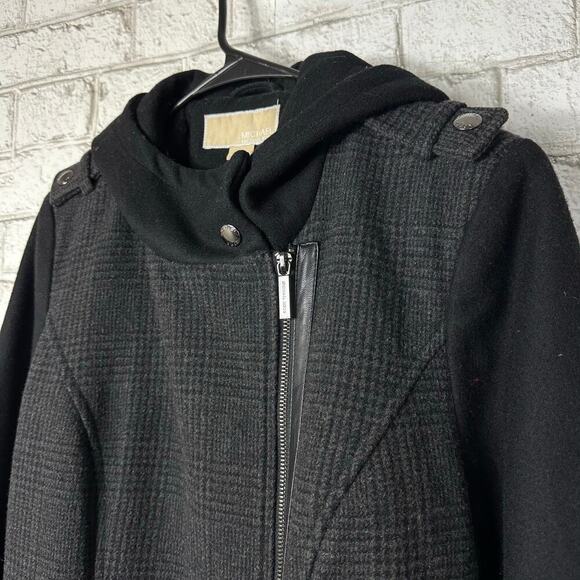 Michael Kors Coat Wool Plaid Asymmetrical Zip Hooded Neutral Preppy Black Gray 4 - Picture 4 of 11